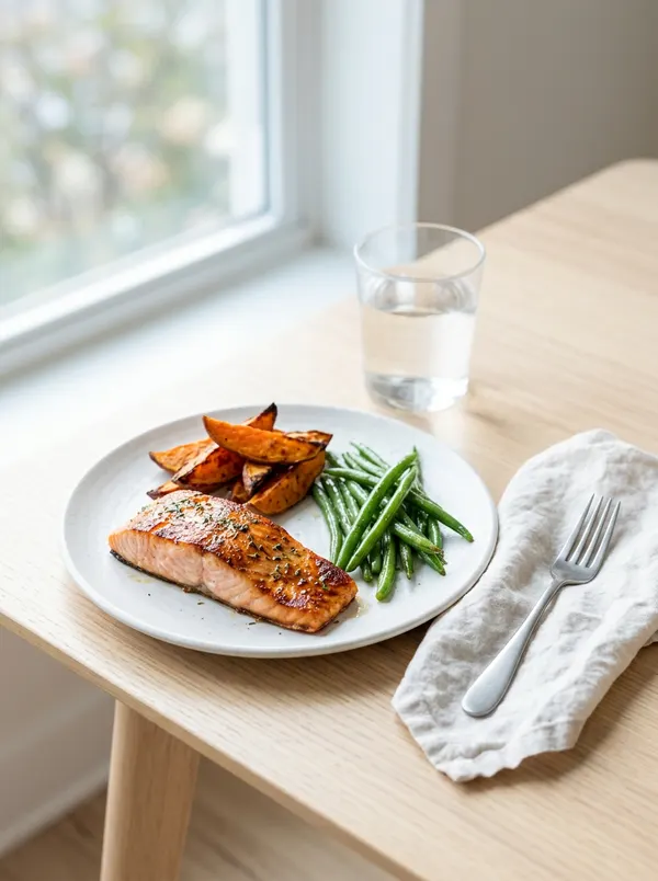 Seared salmon with sweet potato wedges and green beans