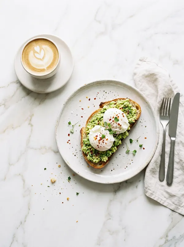 Avocado toast with poached eggs and a flat white